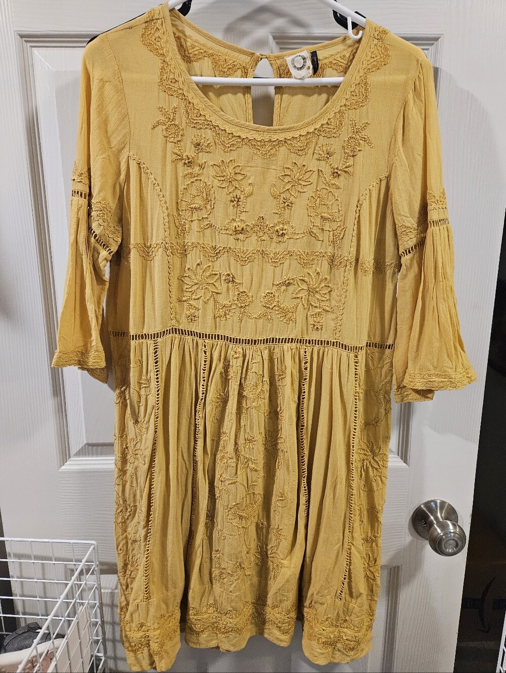 Anthropologie Mustard Yellow Embroidered Boho Dress - Picture 2 of 7